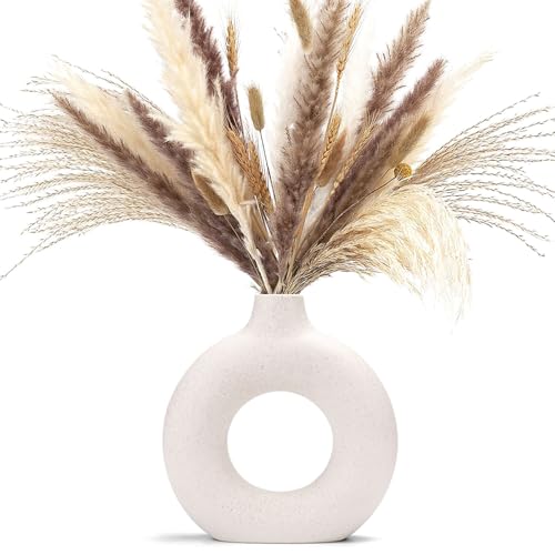 CEMABT White Donut Vase Hollow Ceramic Vase for Flowers Handmade Minimalist Boho ins Style Modern Home Decor for Wedding Dinner Table Party Living Room Office BedroomM
