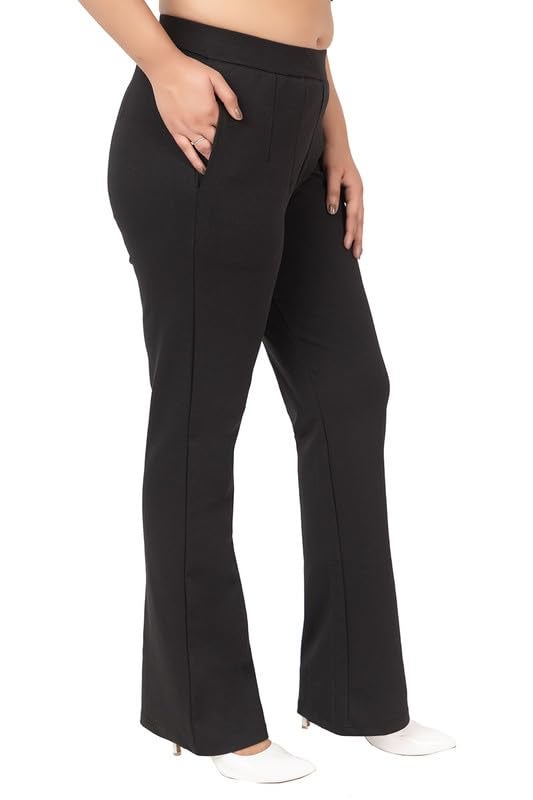 Mlada Store Mlada Bootcut Flare Pants for Women Stretch Cotton Knit Boot Cut Mid Waist Flared Trouser Elastic Waist Band Utility Pockets for Formal Office Work Wear,Travel-Regular/Plus Size-Black, Small - Image 1