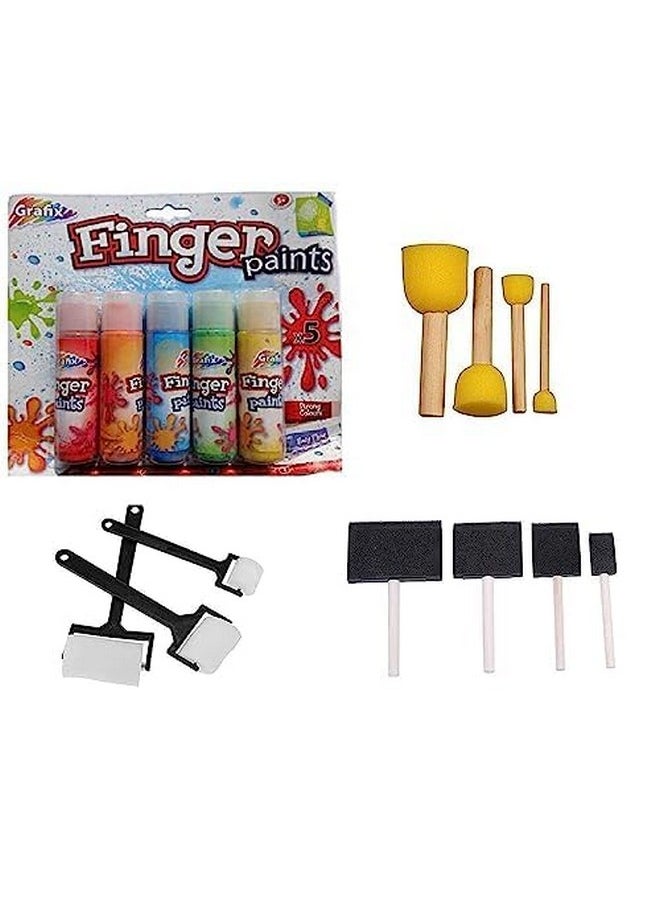 ArtBee ArtBee 5 Color Kids Finger Paint Washable Non-Toxic Finger-Paint Art with Sponge Brushes (3 Sponge Brushes with Paint)  - Image 1