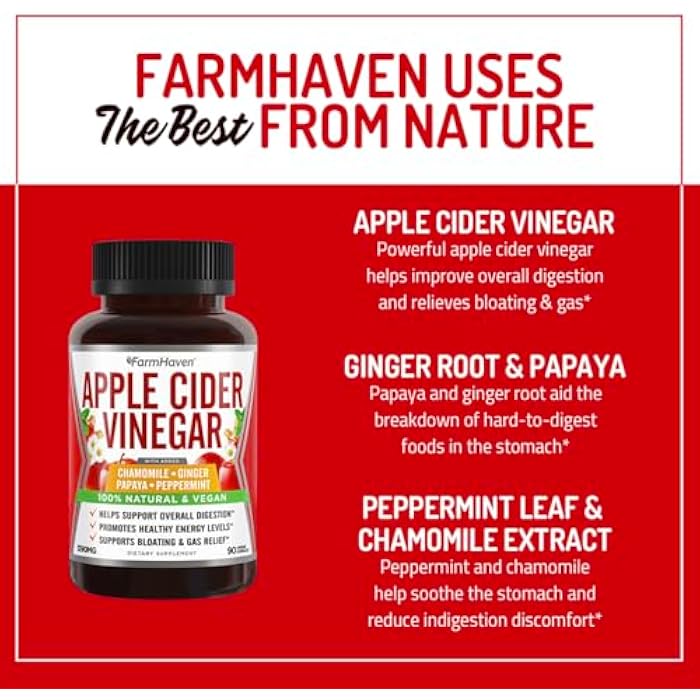 FarmHaven Apple Cider Vinegar Capsules with Ginger, Papaya & Chamomile | 1390mg | Supports Digestion, Immunity | Like with Mother | Non-GMO & 100% Natural | 180 Capsules - Image 5