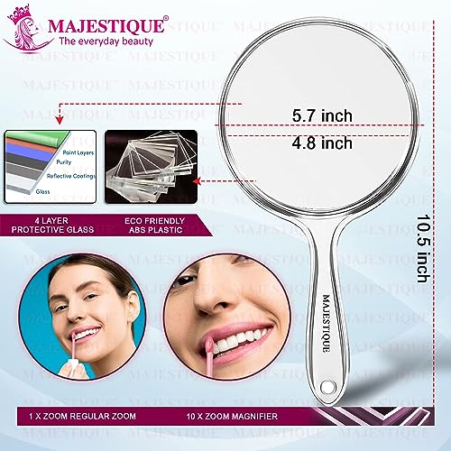 MAJESTIQUE Plastic Dual Side Extra Large Handheld Mirror, 1X/ 10X Round Magnifying Compact Mirror Perfect For Shaving, Makeup, Tweezing Or Shaping Eyebrows, Contact Lens - Color May Vary, Wall - Image 2