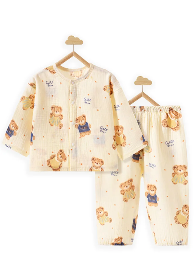 ليتل سربرايز بوكس Little Surprise Box, Mustard and Blue Ted, Organic Crushed soft Muslin Cotton Kids Nightsuit-4-5Y