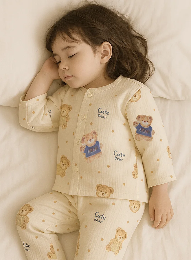 LITTLE SURPRISE BOX Little Surprise Box, Mustard and Blue Ted, Organic Crushed soft Muslin Cotton Kids Nightsuit-4-5Y