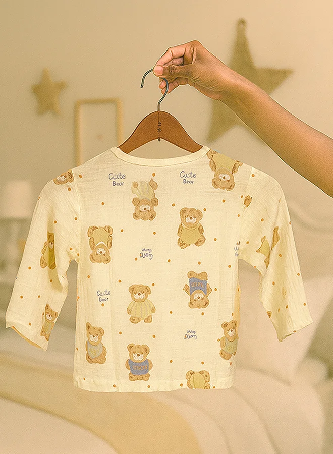 LITTLE SURPRISE BOX Little Surprise Box, Mustard and Blue Ted, Organic Crushed soft Muslin Cotton Kids Nightsuit-4-5Y