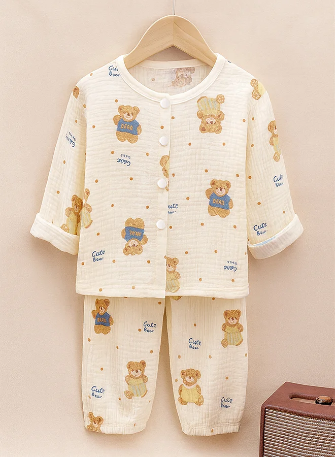 ليتل سربرايز بوكس Little Surprise Box, Mustard and Blue Ted, Organic Crushed soft Muslin Cotton Kids Nightsuit-4-5Y