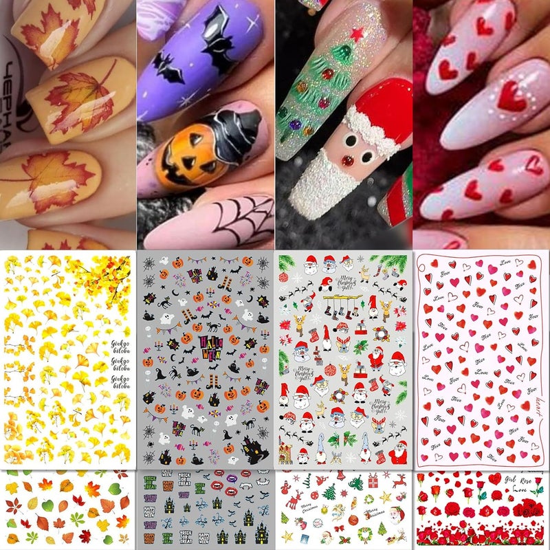 TailaiMei 24 Sheet All Holidays Nail Art Stickers, Christmas Valentine's Day Mixed Seasons Variety Pack for Halloween Fall Nail Decals, Self-Adhesive Design Thanksgiving Nail Decorations (Classical)