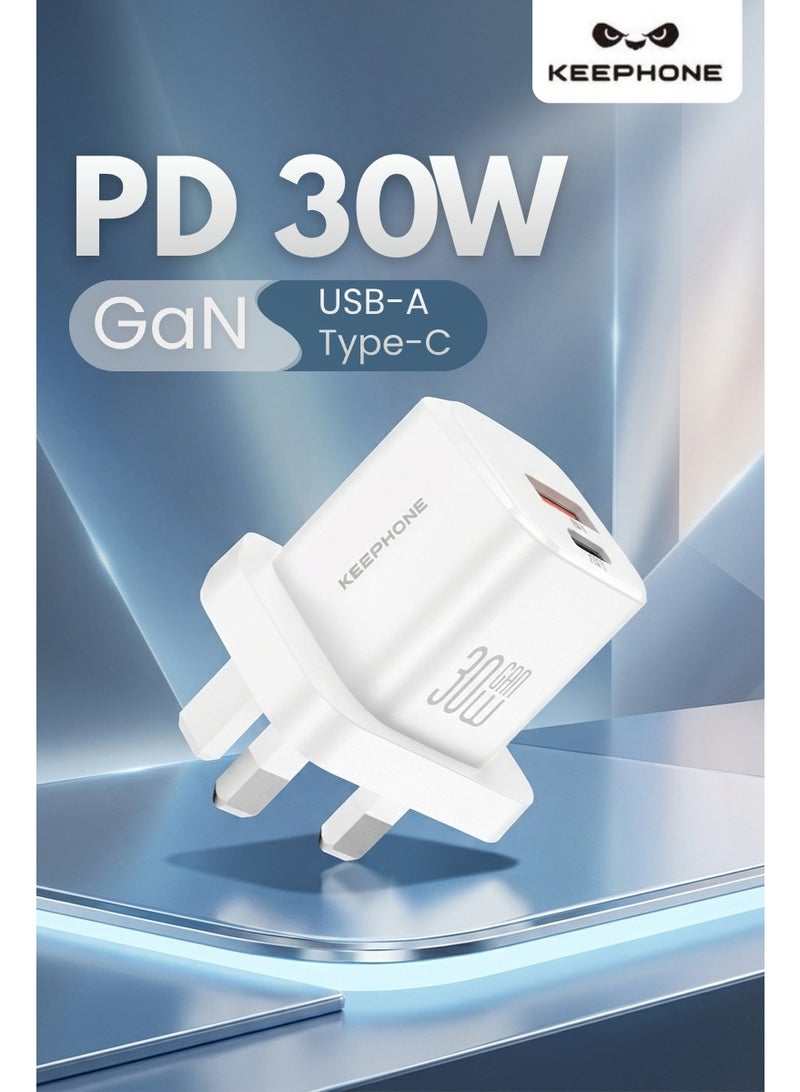 KeepHone PD 30W GaN Charger 2 Ports USB C & USB A Fast Wall Charger Type C Power Adapter with PPS Power Delivery Compatible with iPhone 16 15 Pro Max Samsung Galaxy S24 S23 iPad Air Pro MacBook Air Tablets - Image 1