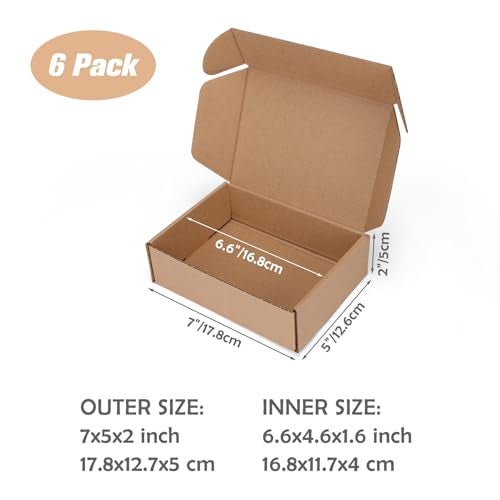 Serwrsw 7x5x2 inch Shipping Boxes Set of 6 Brown, Inner Size 6.6x4.6x1.6 inch Cardboard Box Mailers for Small Business Packaging Mailing or Gift Wrapping Giving - Image 2