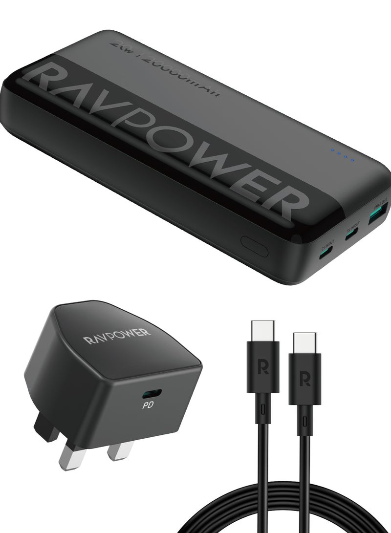 RAVPOWER 20000 mAh Combo for Power bank 20W PB1229 + Wall charger PC1041 + Cable C to C CB1021 Black - Image 1