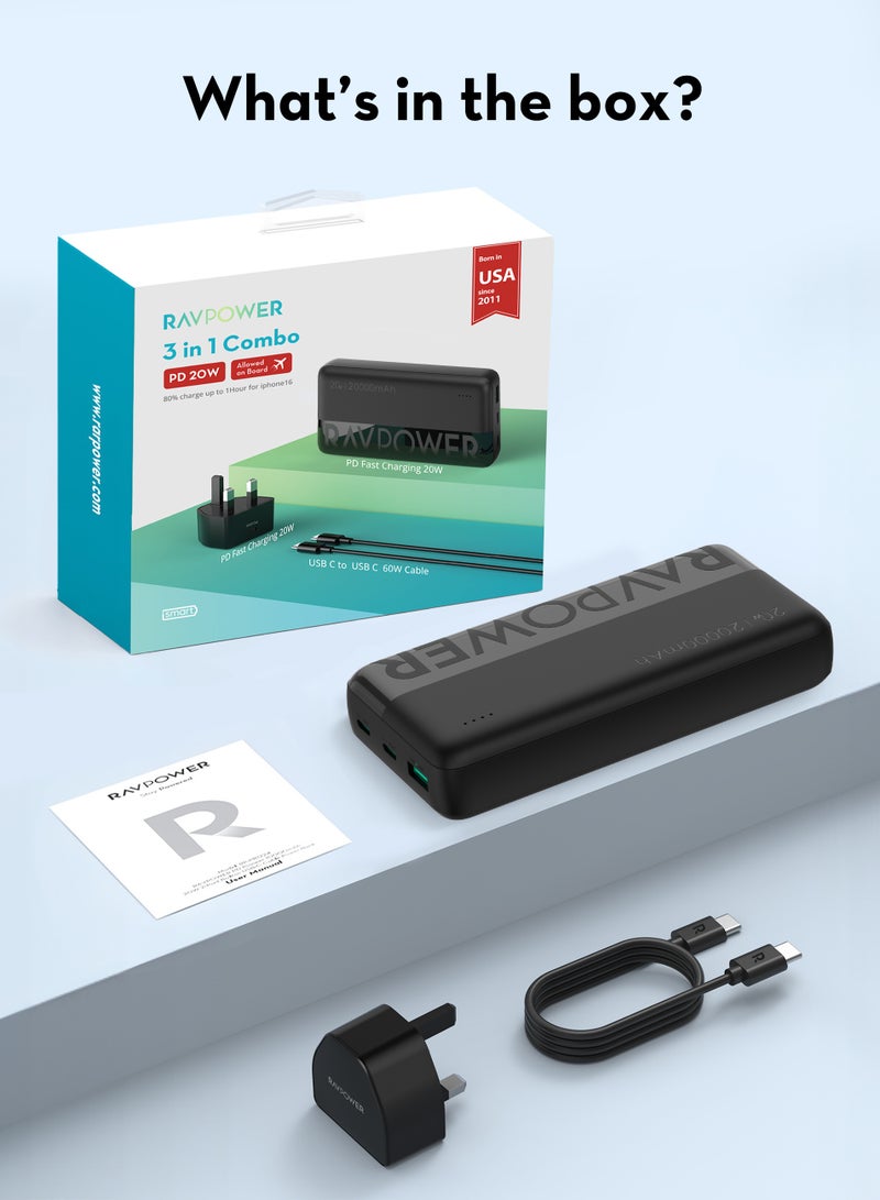 RAVPOWER 20000 mAh Combo for Power bank 20W PB1229 + Wall charger PC1041 + Cable C to C CB1021 Black - Image 2