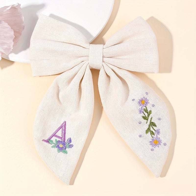 Embroidery R Pattern Bow Hair Clips Polyester Barrettes for Daily Use - Image 2