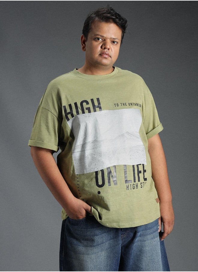 HIGH STAR Men's Green 100% Cotton Printed Regular Fit T-Shirt  - Image 3