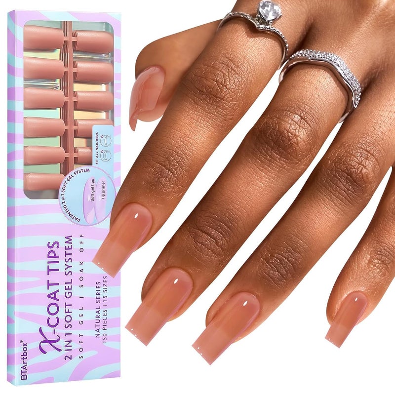 BTArtbox Soft Gel Nail Tips Square - Press On Nails Long Natural XCOATTIPS Pre-applied Tip Primer, One-Step Square Gel Nail Tips Fake Nails for DIY Nail Art - Image 1