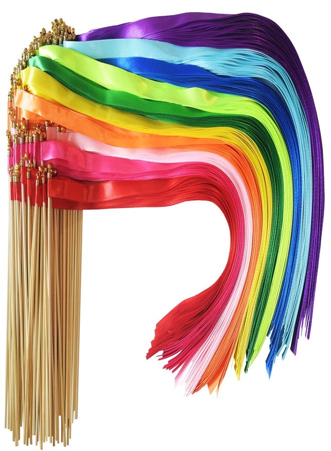 Kingsnow 100 Pieces Multi-Color Ribbon Wands Streamers Sticks with Gold Bell, Chromatic Silk Wish Wands Fairy Stick Party Rhythm Ribbon Streamers for Wedding Send Off Bridal Shower Party Photo Props - Image 1