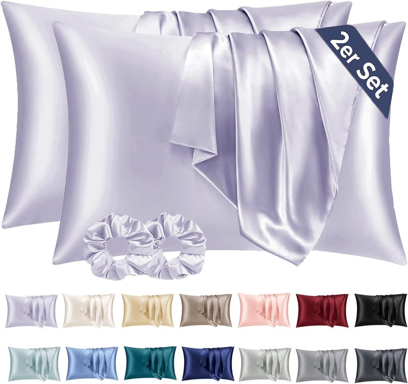 Vielit Satin Pillowcase 50 x 70 cm Set of 2, for Hair, Similar to Silk Pillowcases, Cushion Cover 50 x 70, Pillow Cases Oeko-Tex Certified Purple & 2 Satin Scrunchies - Image 1
