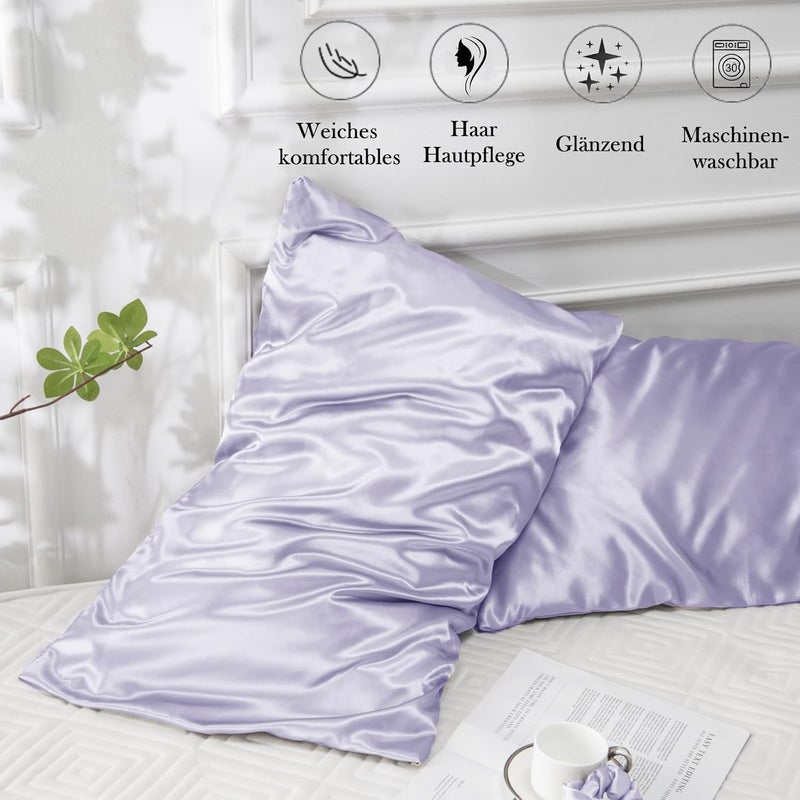 Vielit Satin Pillowcase 50 x 70 cm Set of 2, for Hair, Similar to Silk Pillowcases, Cushion Cover 50 x 70, Pillow Cases Oeko-Tex Certified Purple & 2 Satin Scrunchies - Image 5