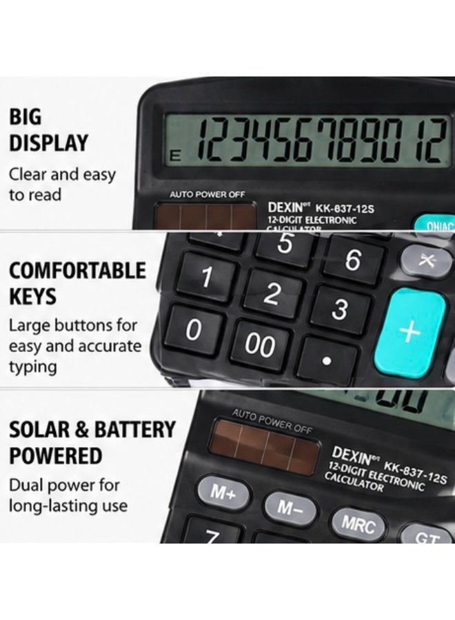 Dexin 12-Digit Desktop Calculator Large LCD Display Solar & Battery Powered Office School Home Black - Image 5