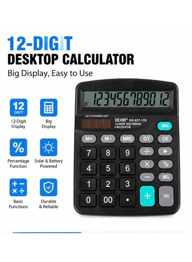 Dexin 12-Digit Desktop Calculator Large LCD Display Solar & Battery Powered Office School Home Black - Image 2