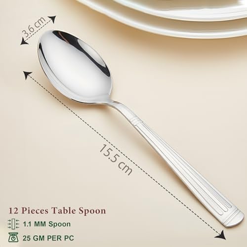 Parage 12 Pieces Stainless Steel Dinner/Table Spoons, Length 15.5 cm, Set of 12, Silver (Oskar) - Image 4