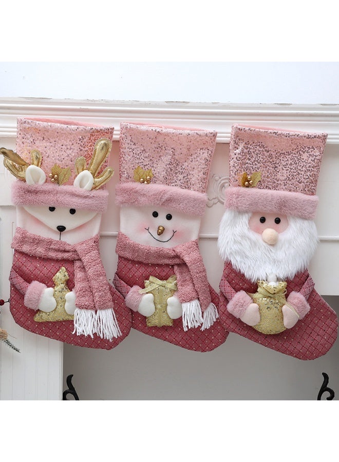 VUCATIN جوارب عيد الميلاد الوردية (3 قطع) مع أطراف مزينة بالترتر اللامع، مقاس 16 بوصة، مع دمى بابا نويل/رجل ثلج/رنة، مناسبة للأطفال، مناسبة كزينة لحفلات عيد الميلاد أو المدفأة العائلية - Image 1