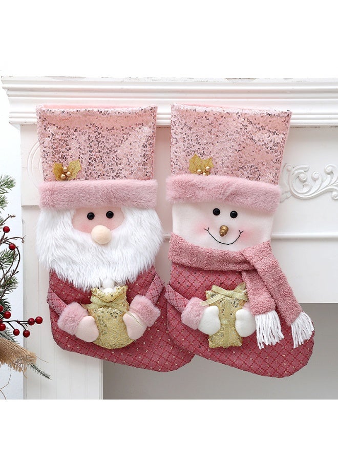 VUCATIN جوارب عيد الميلاد الوردية (3 قطع) مع أطراف مزينة بالترتر اللامع، مقاس 16 بوصة، مع دمى بابا نويل/رجل ثلج/رنة، مناسبة للأطفال، مناسبة كزينة لحفلات عيد الميلاد أو المدفأة العائلية - Image 5