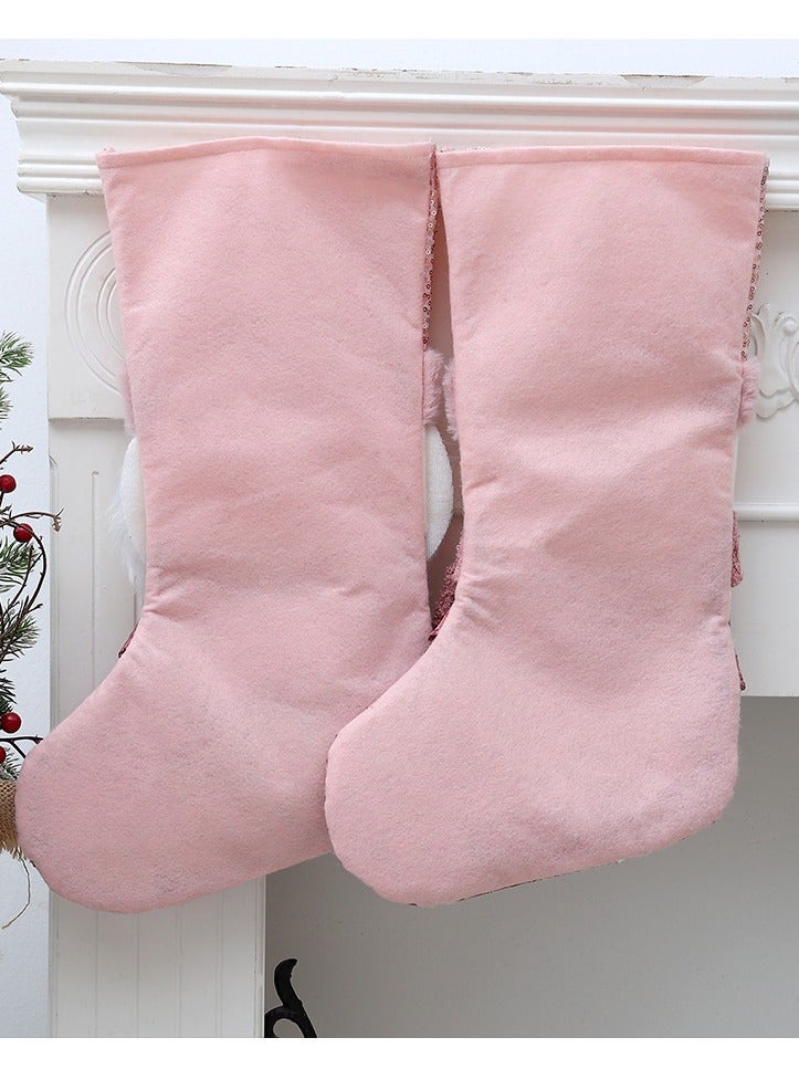 VUCATIN جوارب عيد الميلاد الوردية (3 قطع) مع أطراف مزينة بالترتر اللامع، مقاس 16 بوصة، مع دمى بابا نويل/رجل ثلج/رنة، مناسبة للأطفال، مناسبة كزينة لحفلات عيد الميلاد أو المدفأة العائلية - Image 4