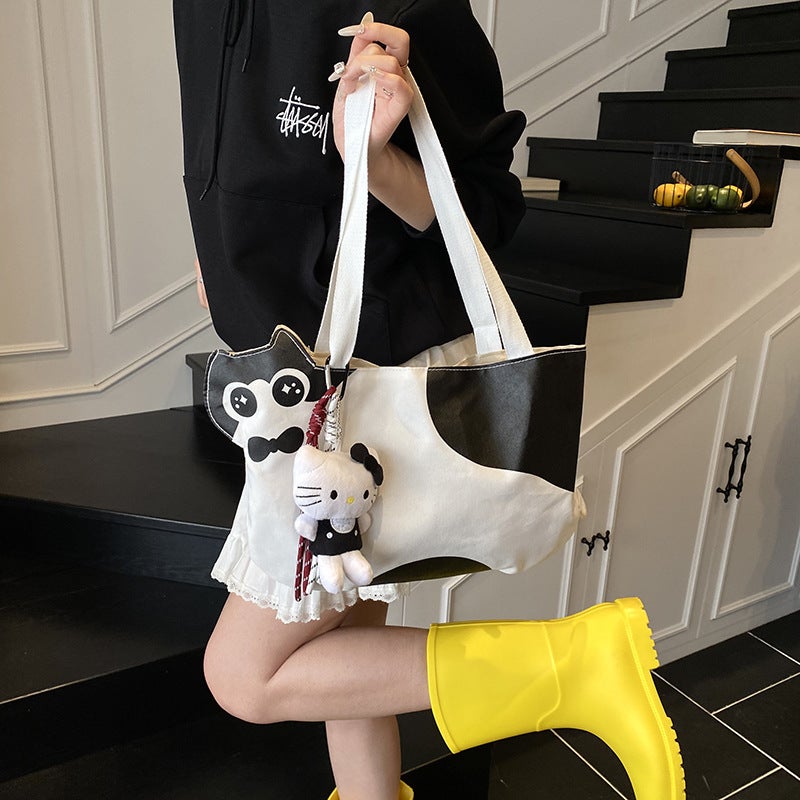 Cute Kitten Canvas Tote Bag For Women, New Fashion Versatile Portable Shoulder Mommy Outdoor Baby Storage Bag - Image 5