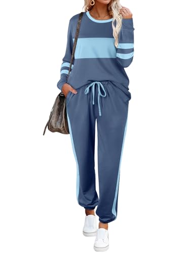 Aloodor Lounge Sets for Women Long Sleeve Sweatshirts and sweatpants 2 Piece Sets Light Blue L - Image 2