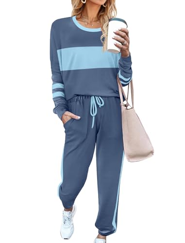 Aloodor Lounge Sets for Women Long Sleeve Sweatshirts and sweatpants 2 Piece Sets Light Blue L - Image 1