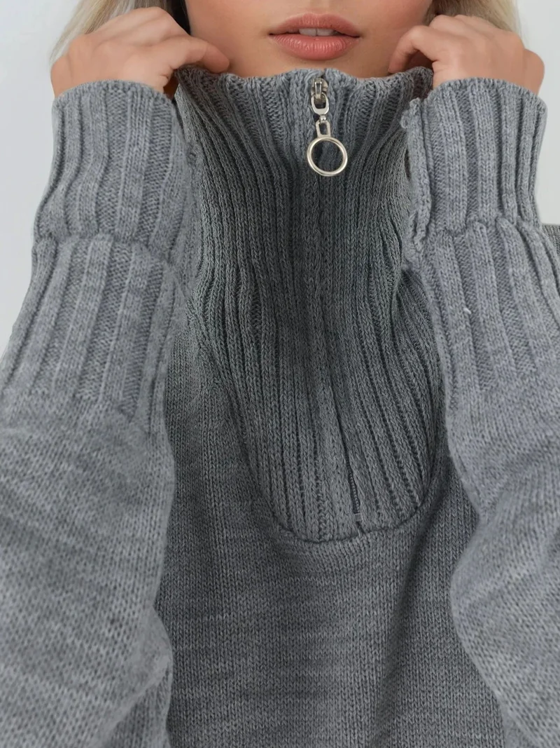 MY FASHION Grey MY FASHION Oversized Ribbed Knit Sweater with Zipper Collar for Women | Best Price UAE