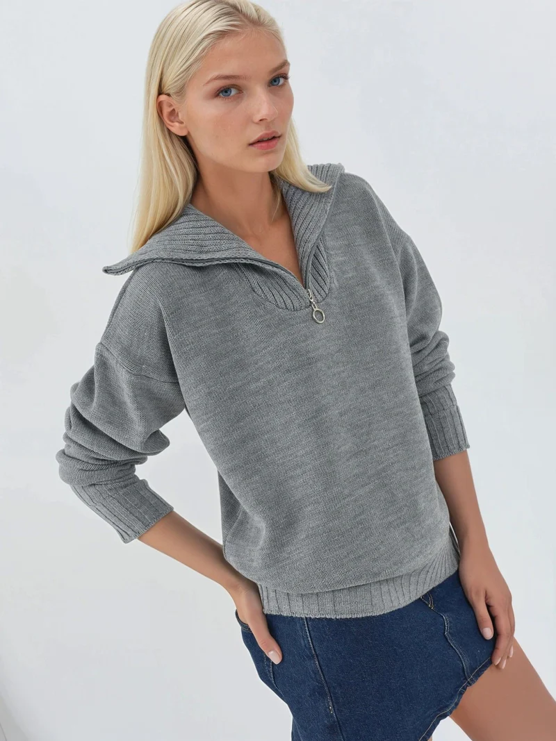 MY FASHION Grey MY FASHION Oversized Ribbed Knit Sweater with Zipper Collar for Women | Best Price UAE