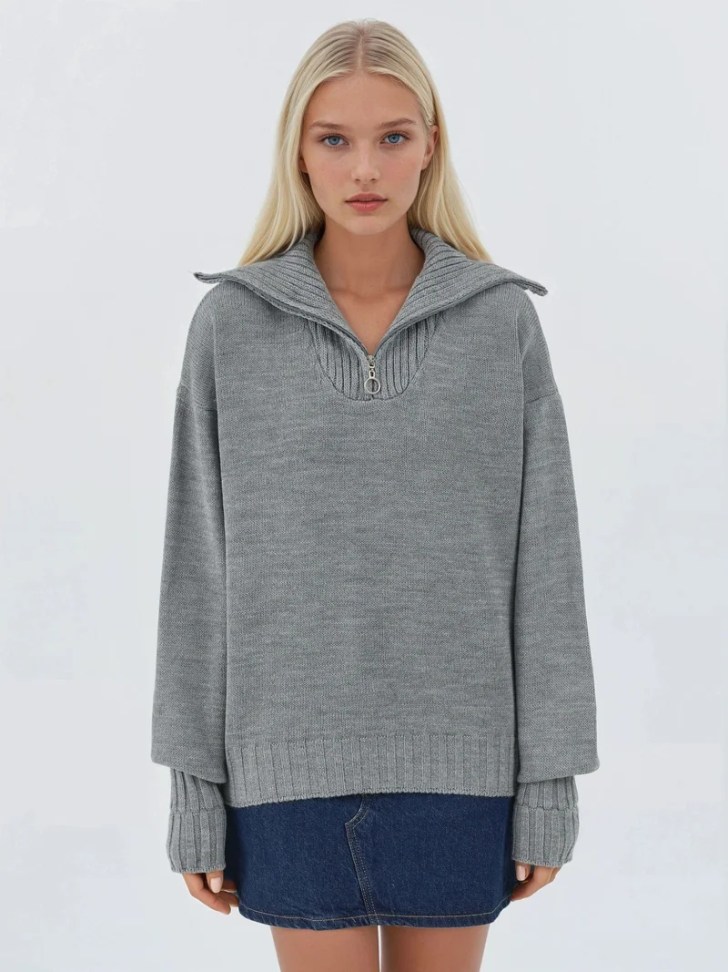 MY FASHION Grey MY FASHION Oversized Ribbed Knit Sweater with Zipper Collar for Women | Best Price UAE