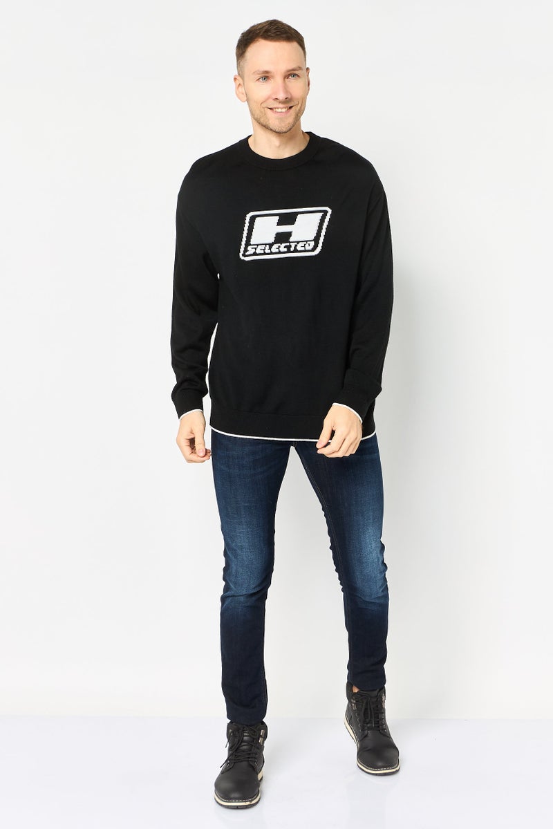 SELECTED Men Crew Neck Long Sleeve Brand Logo Sweater, Black - Image 2
