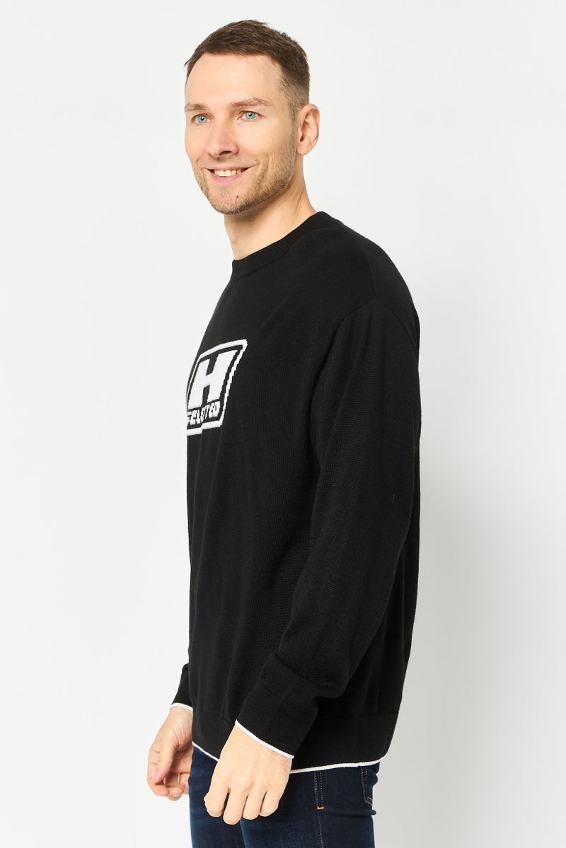 SELECTED Men Crew Neck Long Sleeve Brand Logo Sweater, Black - Image 3
