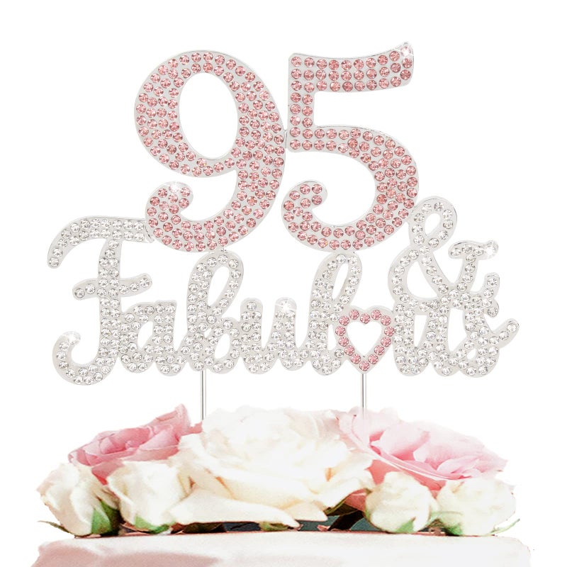 LASKYER 95 & Fabulous Silver Pink Rhinestone Cake Topper - Happy 95th Birthday Cheers to 95 Years Old Bday Party Metal Sparkly Food Centerpieces Topper Decorations Keepsake. - Image 1