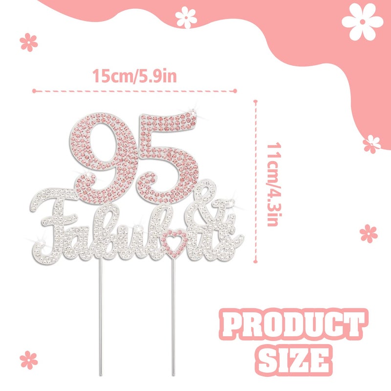LASKYER 95 & Fabulous Silver Pink Rhinestone Cake Topper - Happy 95th Birthday Cheers to 95 Years Old Bday Party Metal Sparkly Food Centerpieces Topper Decorations Keepsake. - Image 3