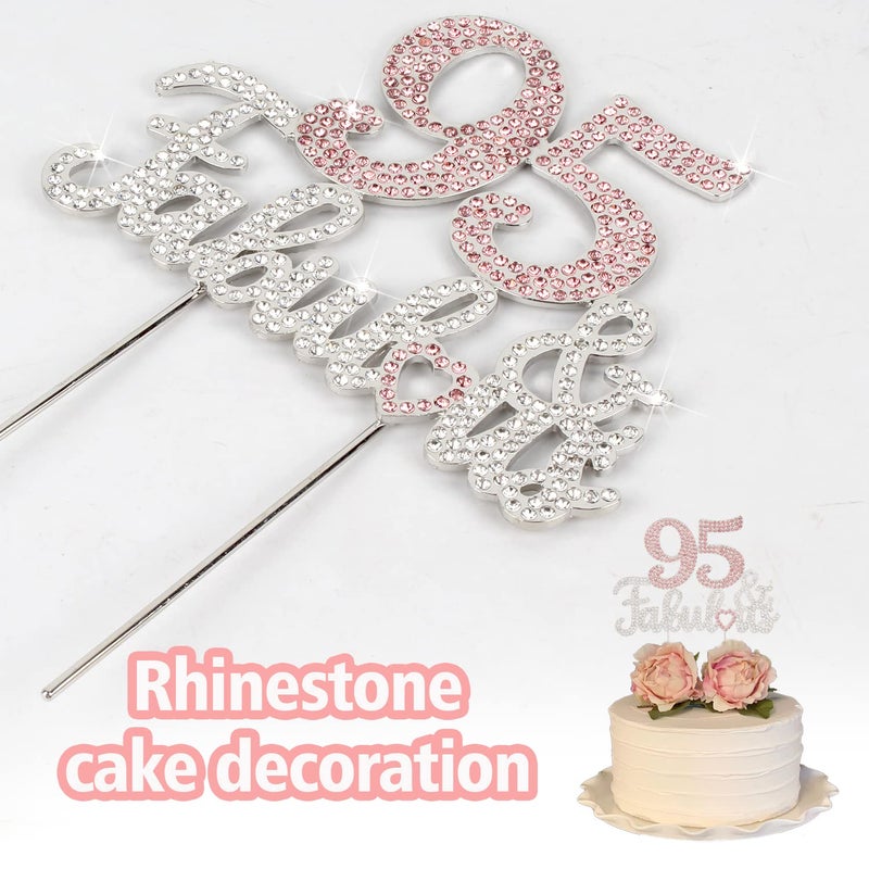 LASKYER 95 & Fabulous Silver Pink Rhinestone Cake Topper - Happy 95th Birthday Cheers to 95 Years Old Bday Party Metal Sparkly Food Centerpieces Topper Decorations Keepsake. - Image 2