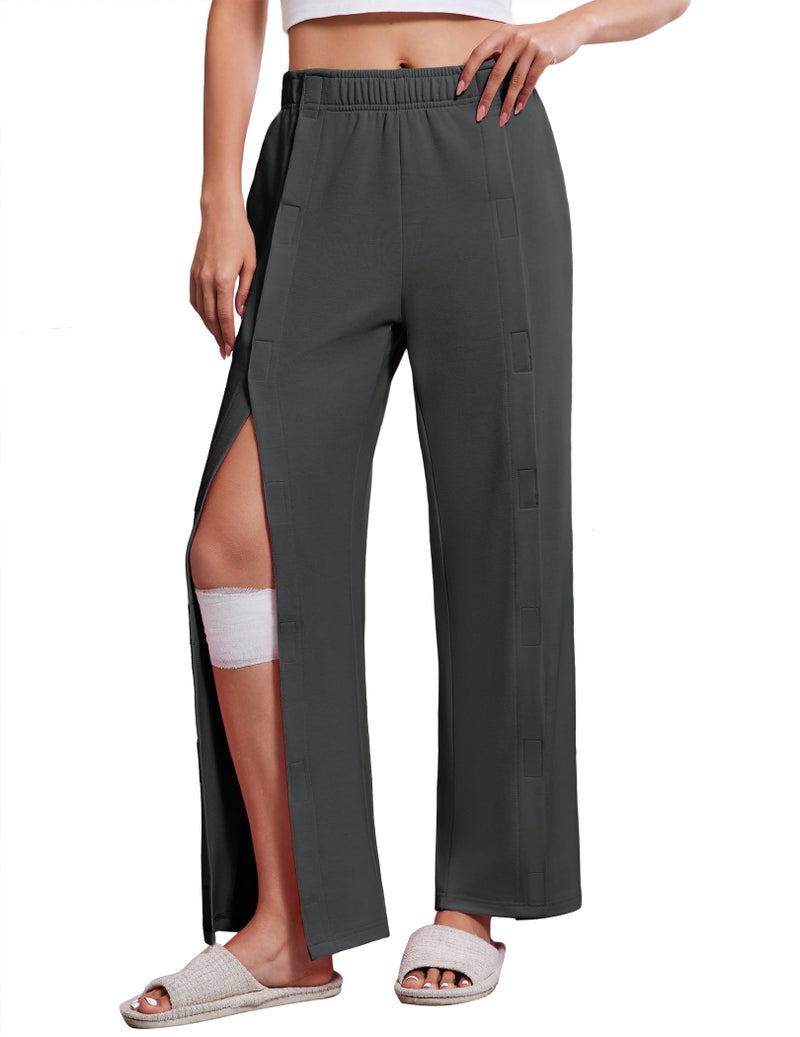 Deyeek Post Surgery Pants for Women Snap On Tear Away Pants After Knee Hip Surgery Adaptive Open Leg Surgical Sweatpants Dark Grey - Image 1
