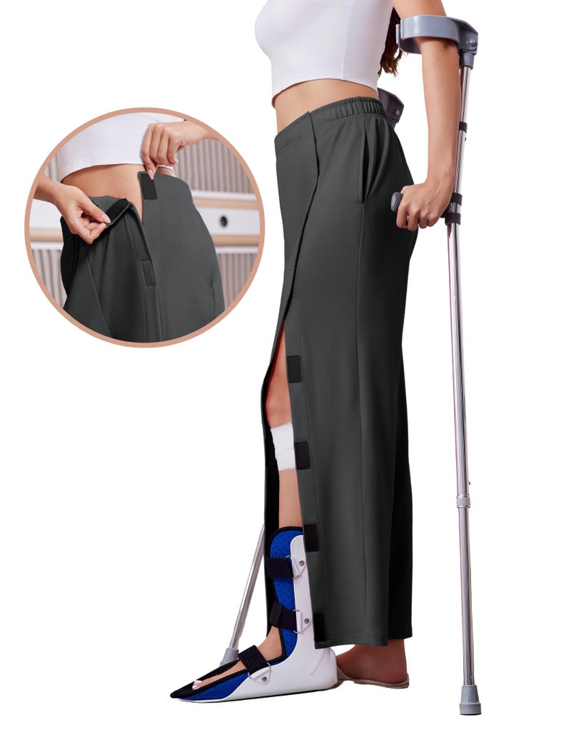 Deyeek Post Surgery Pants for Women Snap On Tear Away Pants After Knee Hip Surgery Adaptive Open Leg Surgical Sweatpants Dark Grey - Image 4