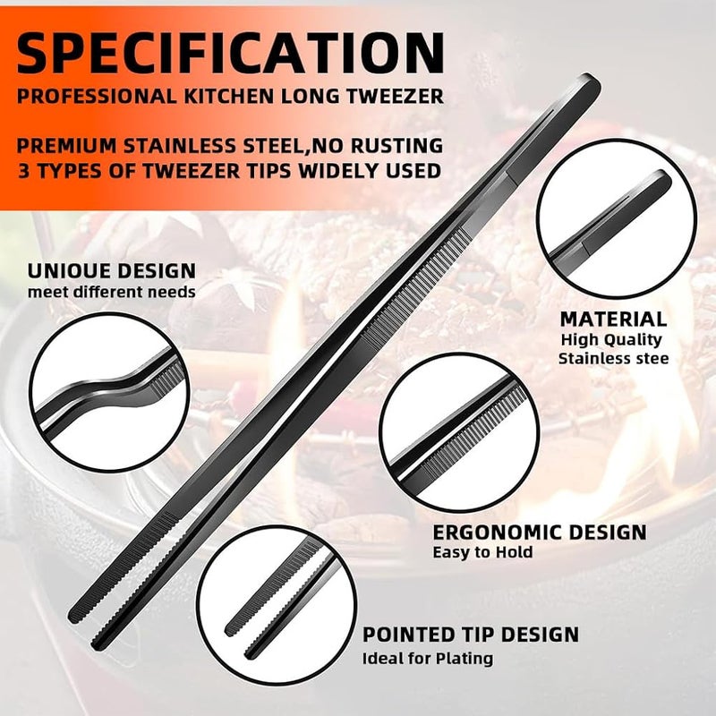 HASTHIP 3 Pcs Cooking Tweezers Tongs, 11.8 inch Cooking Tweezers, Stainless Steel, Precision Grill Tong, Curved Tweezer, Anti-slip Serrated Tips Design, Multifunctional Kitchen Chef Tweezer Tongs - Image 3