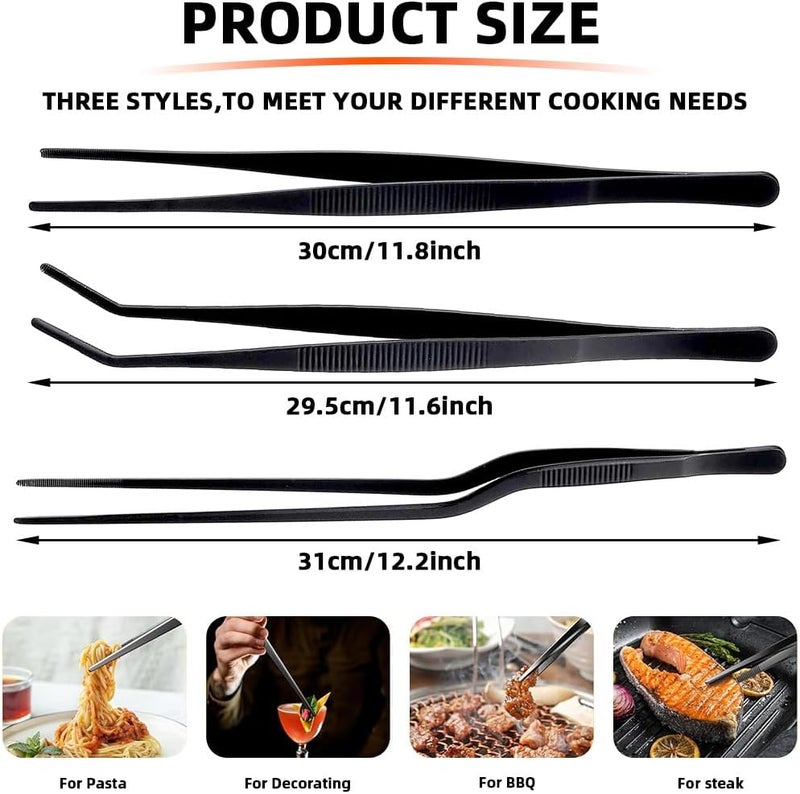 HASTHIP 3 Pcs Cooking Tweezers Tongs, 11.8 inch Cooking Tweezers, Stainless Steel, Precision Grill Tong, Curved Tweezer, Anti-slip Serrated Tips Design, Multifunctional Kitchen Chef Tweezer Tongs - Image 2
