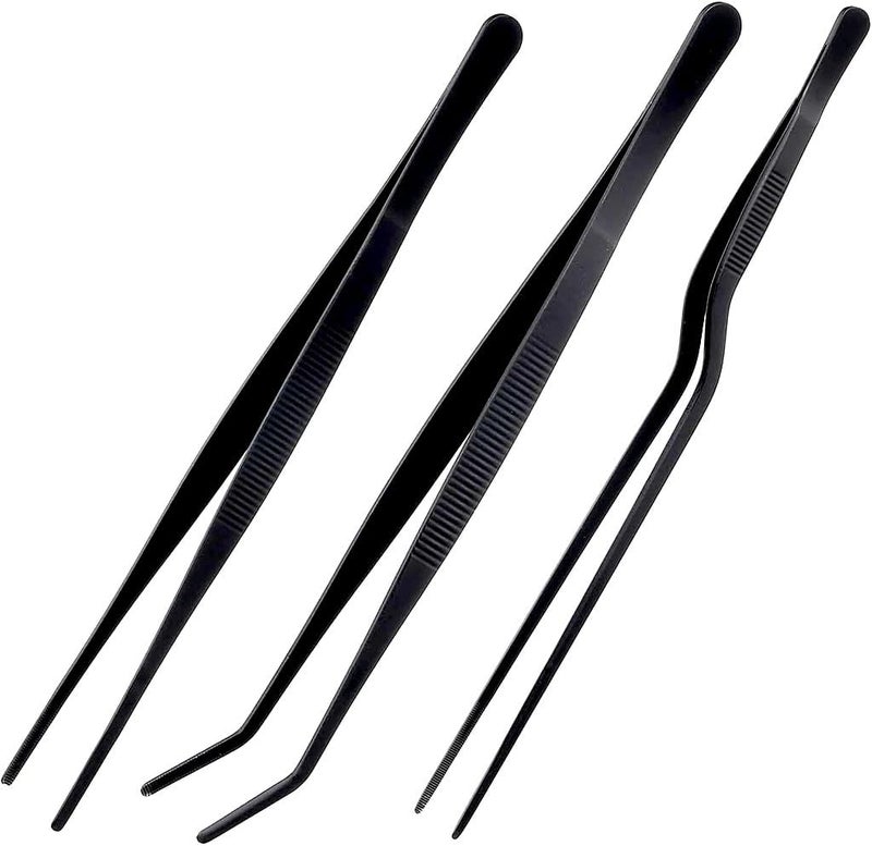 HASTHIP 3 Pcs Cooking Tweezers Tongs, 11.8 inch Cooking Tweezers, Stainless Steel, Precision Grill Tong, Curved Tweezer, Anti-slip Serrated Tips Design, Multifunctional Kitchen Chef Tweezer Tongs - Image 1