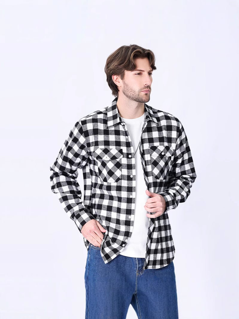 Men'S Casual Loose Sanding Plaid Long Sleeve Shirt 2024 New Plus Size Youth Cotton Shirt - Image 4