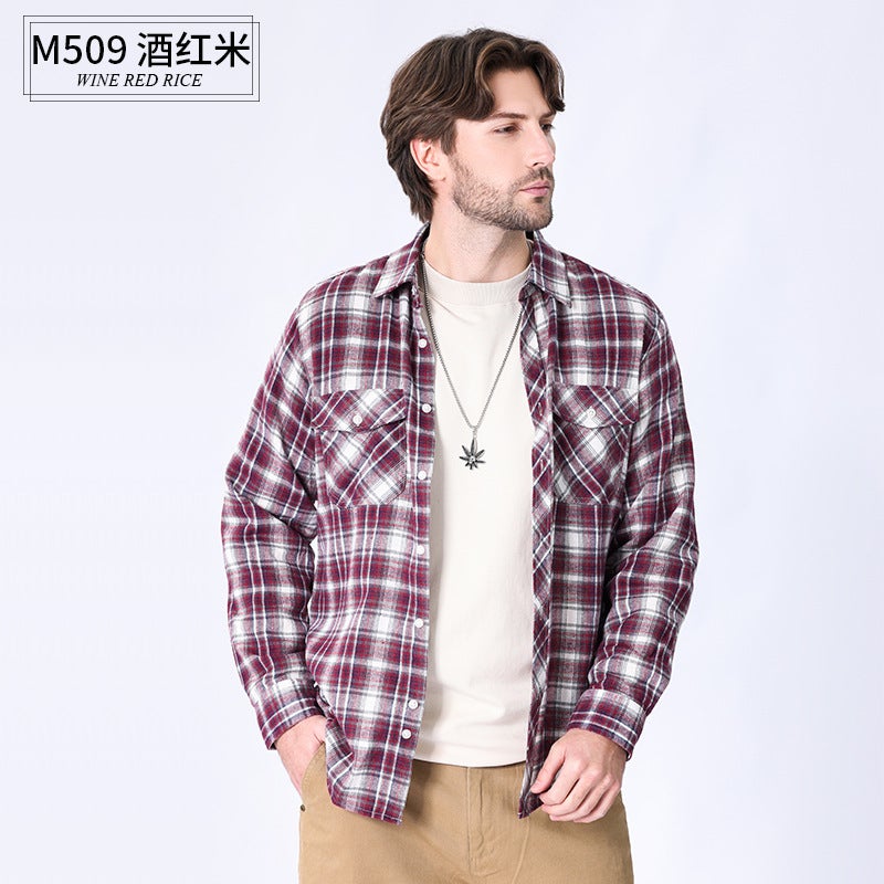Men'S Casual Loose Sanding Plaid Long Sleeve Shirt 2024 New Plus Size Youth Cotton Shirt - Image 1