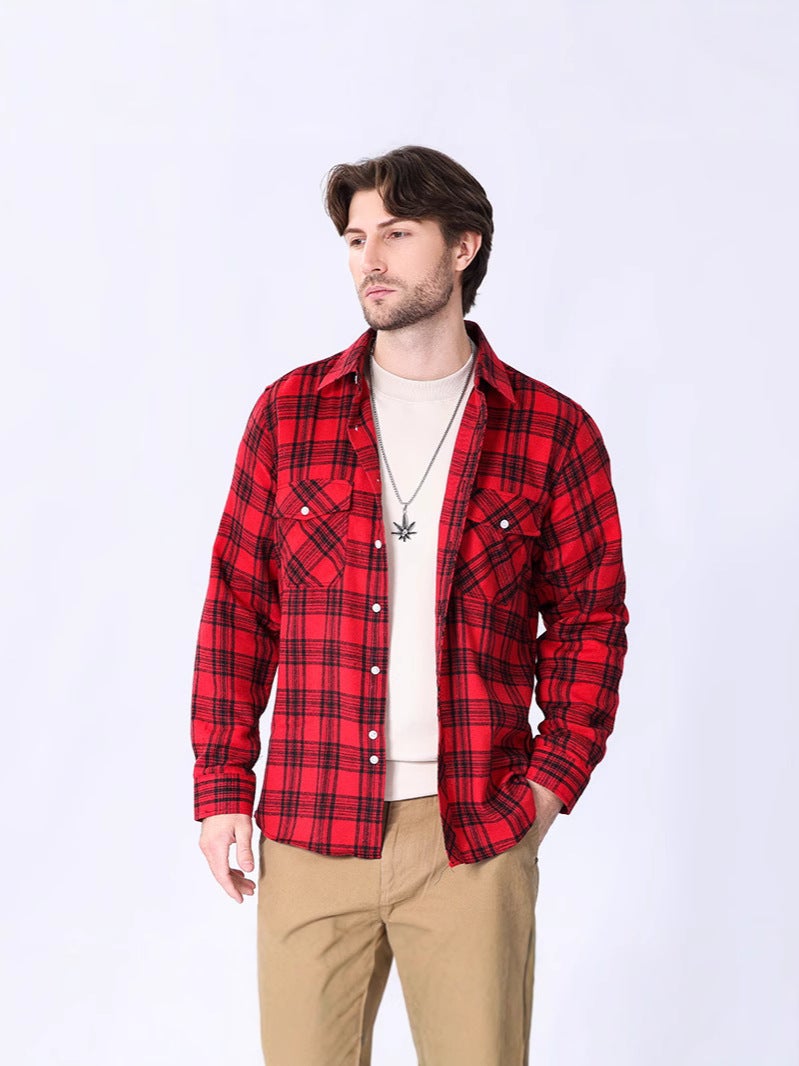 Men'S Casual Loose Sanding Plaid Long Sleeve Shirt 2024 New Plus Size Youth Cotton Shirt - Image 3