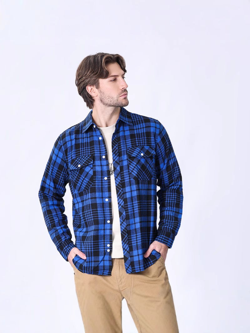 Men'S Casual Loose Sanding Plaid Long Sleeve Shirt 2024 New Plus Size Youth Cotton Shirt - Image 2