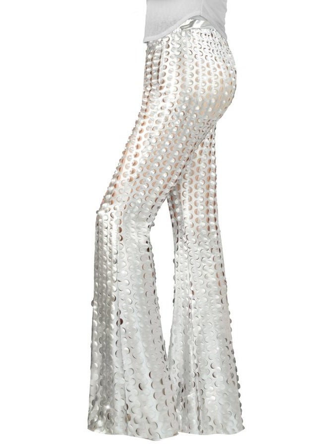 Nawgut بنطلون فلير ب sequins براق مع ترتر، بنطلون بيل بوتوم عالي الخصر، بنطلون مجوف، ملائم للحفلات والنوادي للسيدات، فضي، L - Image 1