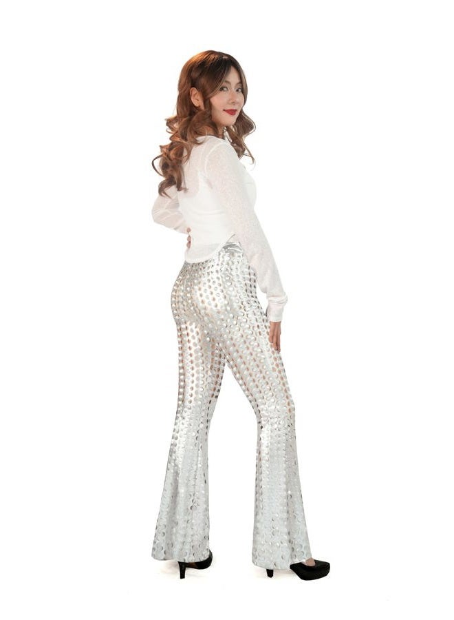 Nawgut بنطلون فلير ب sequins براق مع ترتر، بنطلون بيل بوتوم عالي الخصر، بنطلون مجوف، ملائم للحفلات والنوادي للسيدات، فضي، L - Image 2