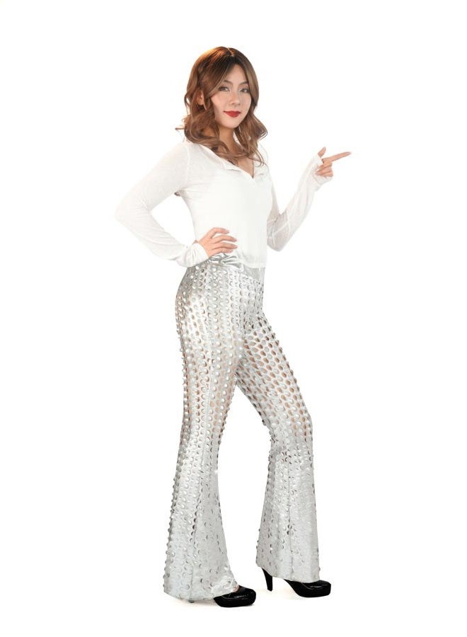 Nawgut بنطلون فلير ب sequins براق مع ترتر، بنطلون بيل بوتوم عالي الخصر، بنطلون مجوف، ملائم للحفلات والنوادي للسيدات، فضي، L - Image 5
