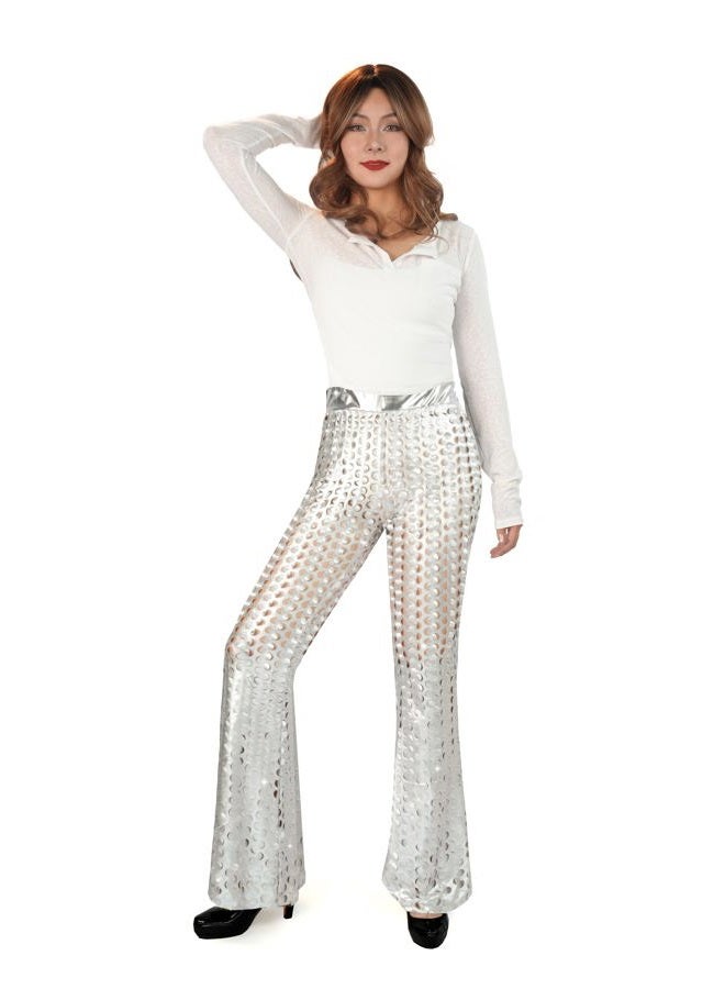 Nawgut بنطلون فلير ب sequins براق مع ترتر، بنطلون بيل بوتوم عالي الخصر، بنطلون مجوف، ملائم للحفلات والنوادي للسيدات، فضي، L - Image 4